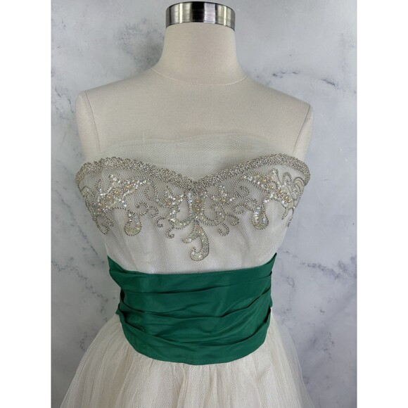 Vintage 1950s Cupcake Prom Dress SZ XS Gown Tulle Strapless white green sequence - Picture 13 of 16